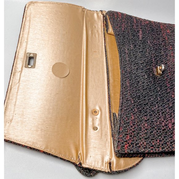 1960s Vintage Black Red Tweed Weave Medium Size Handbag Purse - Picture 10 of 14